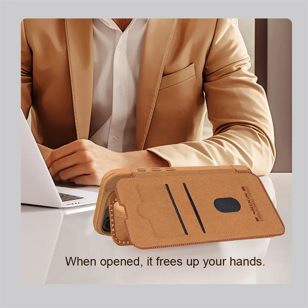 For iPhone 16 Pro /Pro Max Flip Case NILLKIN Qin Prop leather Case With Phone Holder Hinged Camera Protective Cover For iPhone16