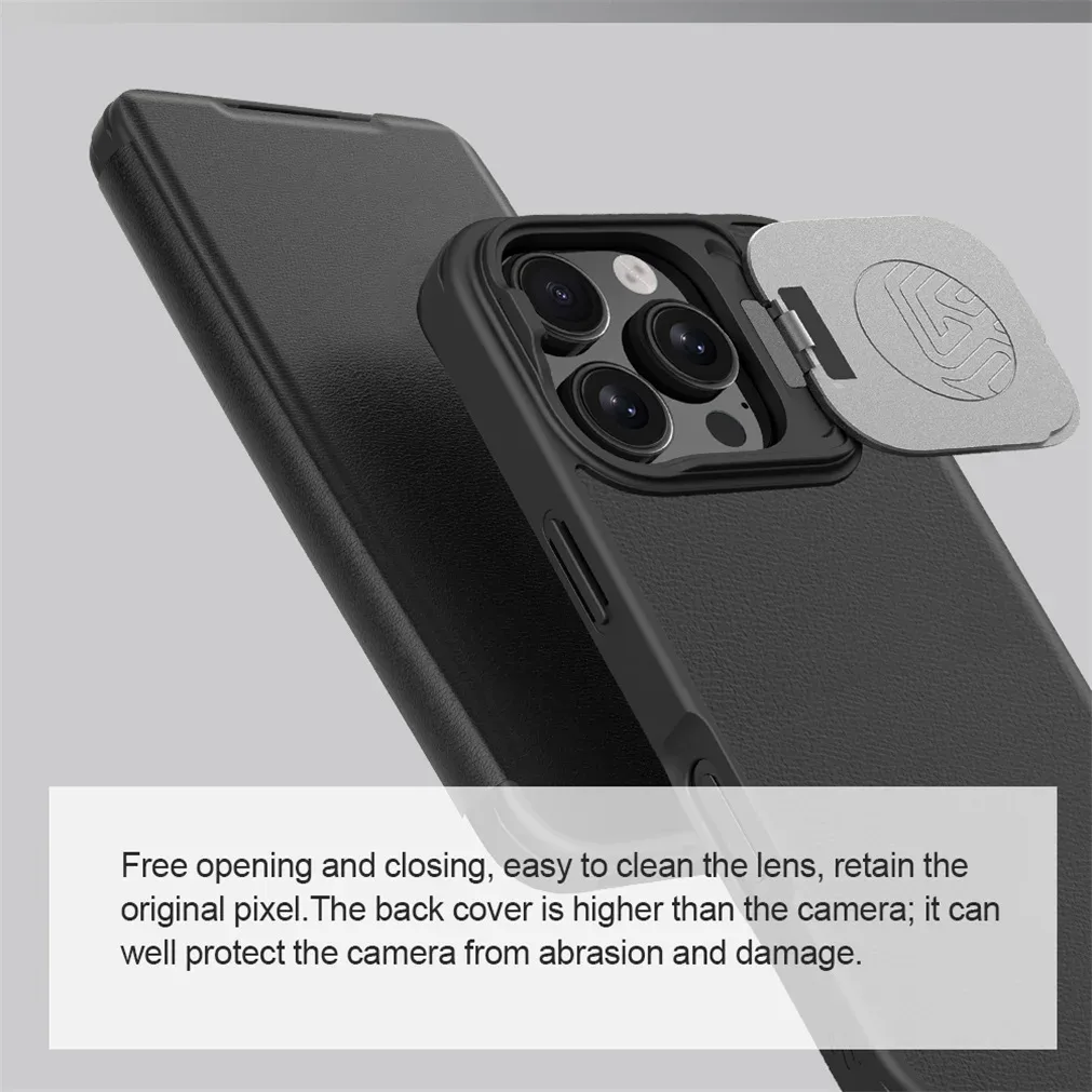For iPhone 16 Pro /Pro Max Flip Case NILLKIN Qin Prop leather Case With Phone Holder Hinged Camera Protective Cover For iPhone16